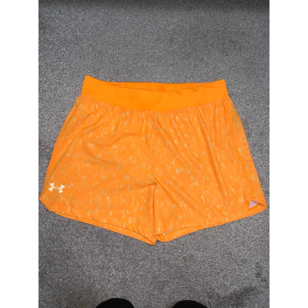 Under Armour Womens Speedpocket Running Shorts Neon Orange Large Print Fitted